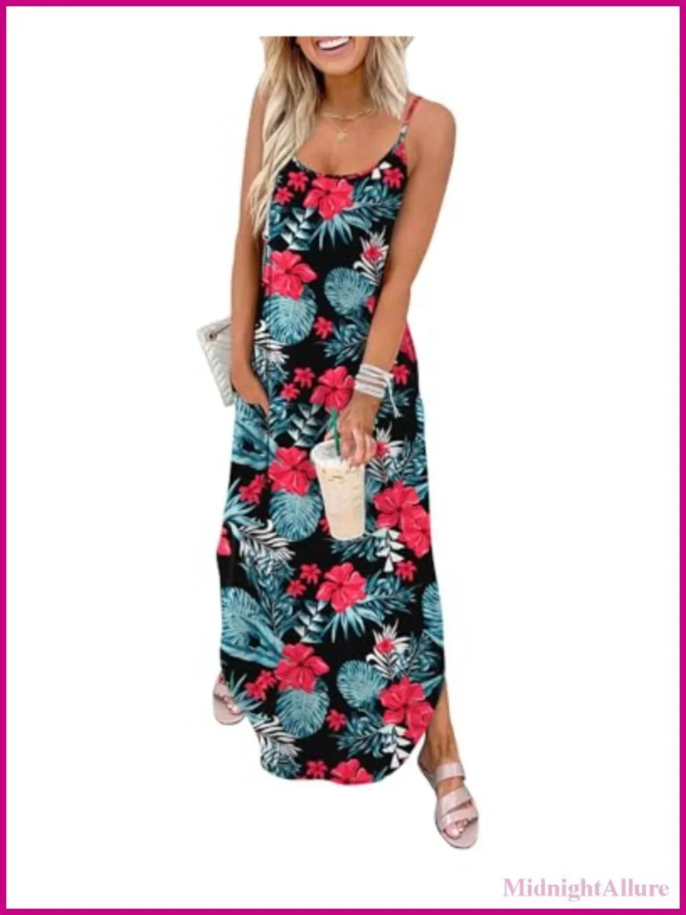 Maxi Dress Spaghetti Strap Sleeveless V-Neck Hawaiian Casual Summer Beach - Picture 1 of 6